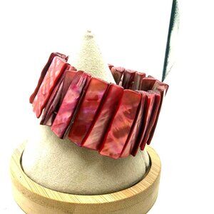 Vintage Red Mother of Pearl Shell Stretch Bracelet Chunky Statement Tile Bracele